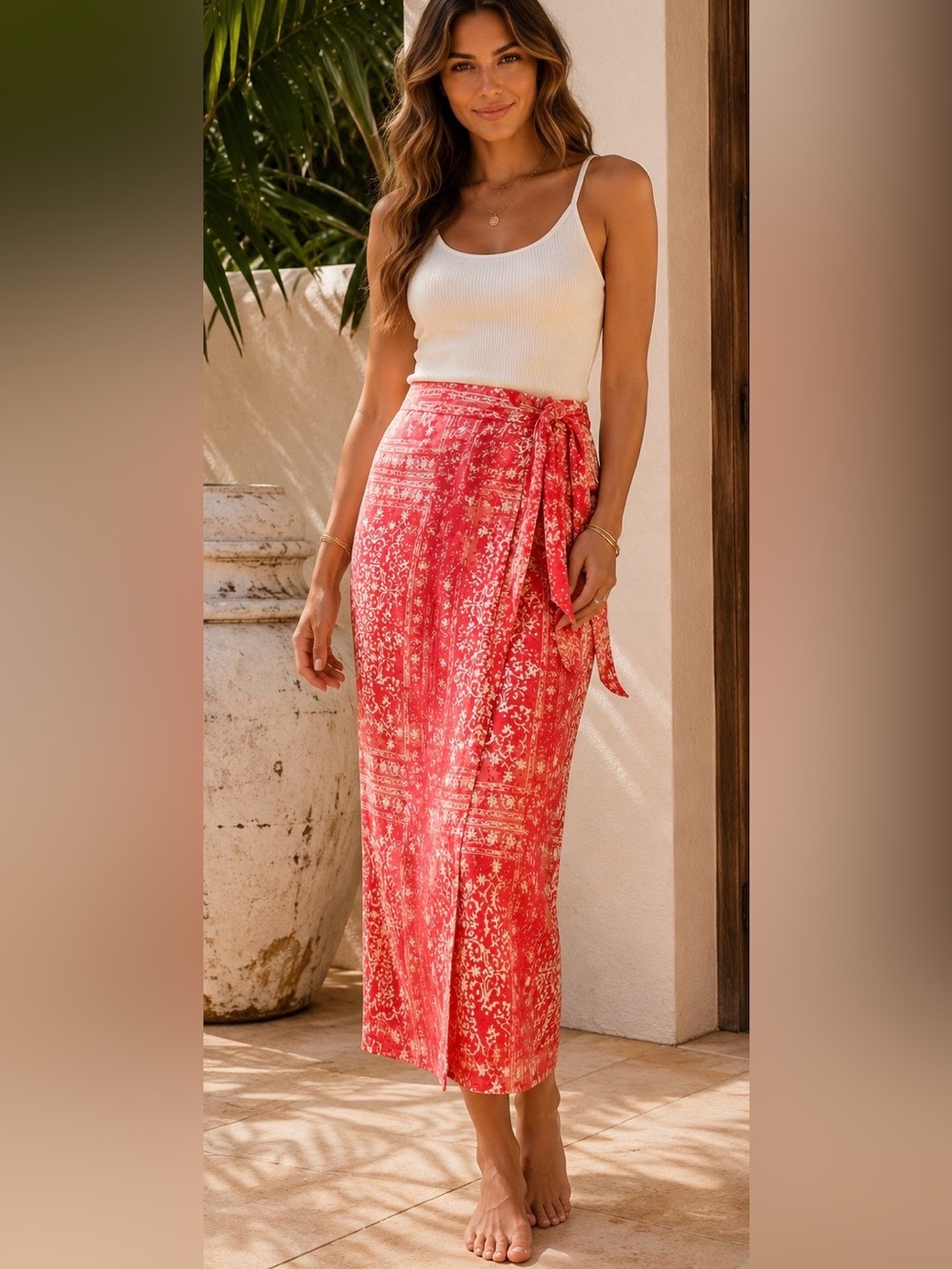 Rachel Zoe NWOT Satin Wrap Maxi Skirt Coral Red Resort Boho XS